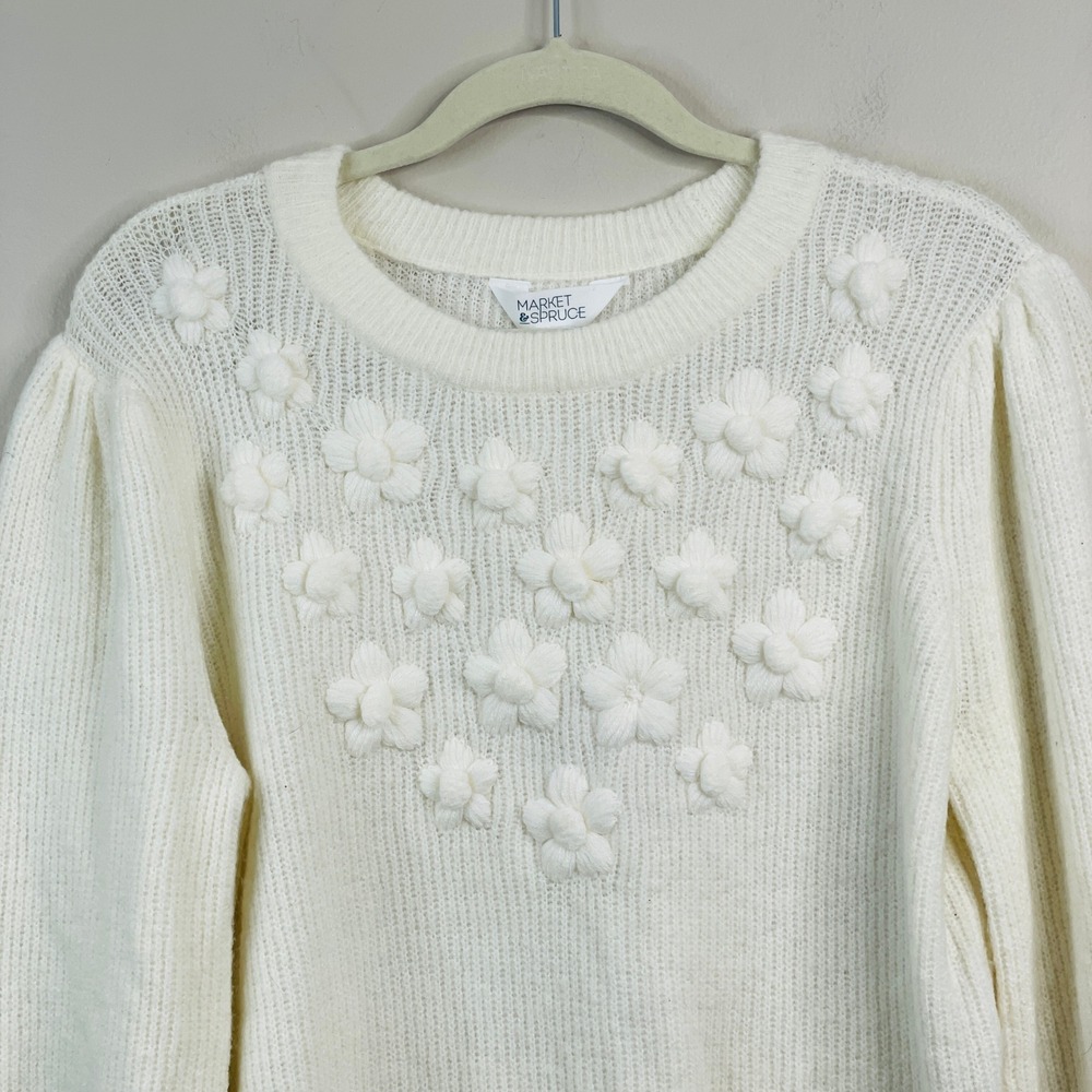 Market & Spruce Cottage Embroidered Sweater Medium Floral Bishop Sleeve Neutral - Picture 2 of 10